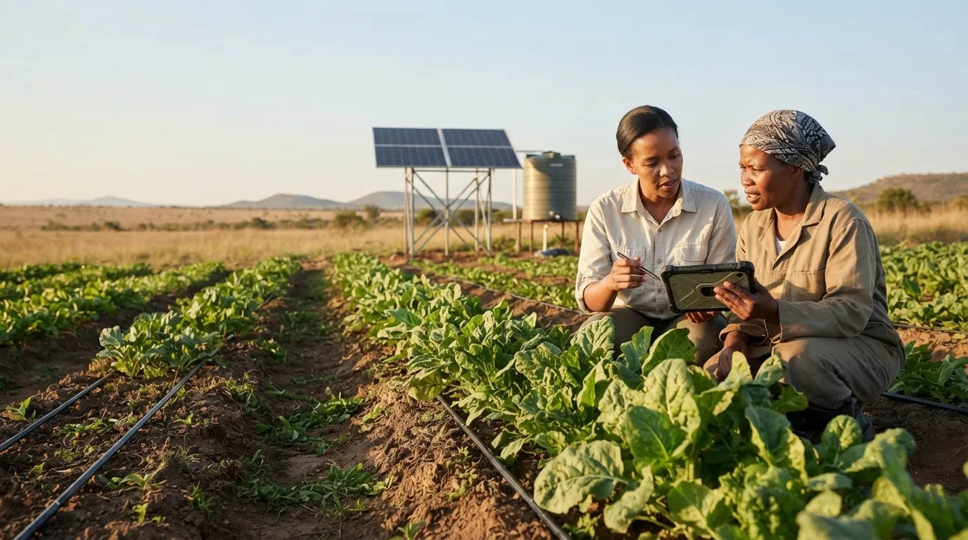 A researcher and a smallholder farmer in a solar-irrigated field in Southern Africa