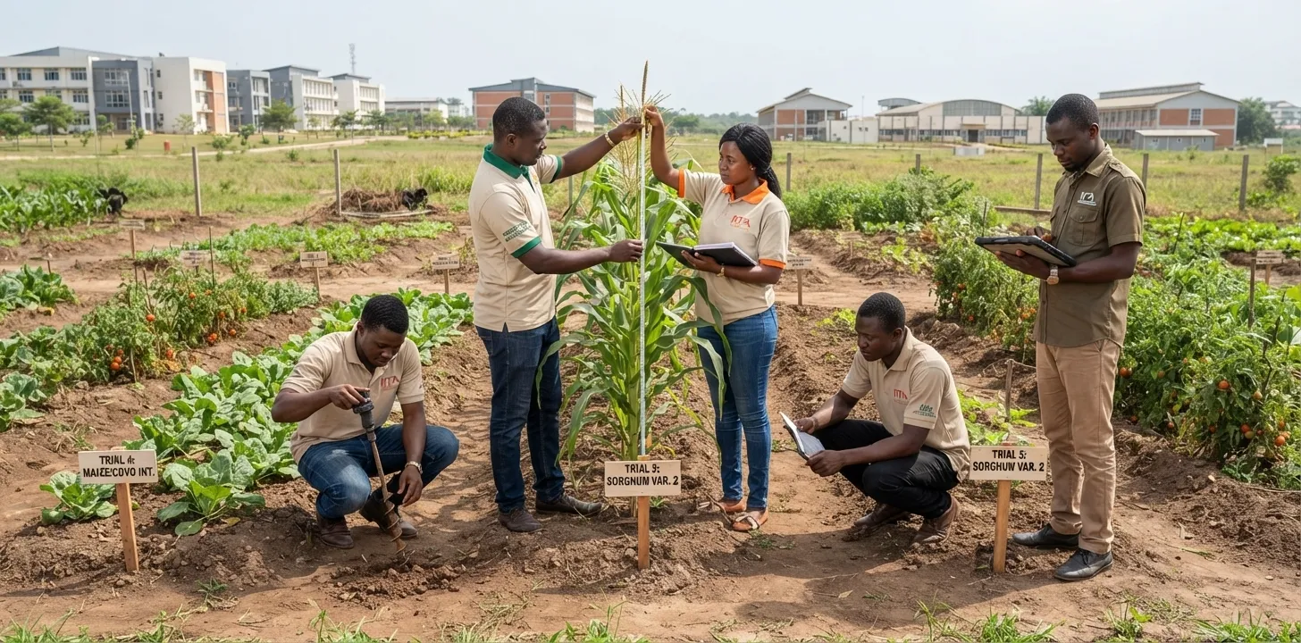 Researchers from partner universities on a shared research plot